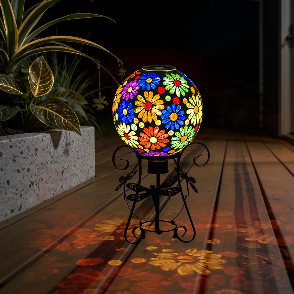 Starsoul Solar Gazing Ball, 10" Lighted Flowers Mosaic Gazing Balls with Stand, Glass Outdoor Garden Globe, Gazing Balls for Garden Lawn Yard Decor