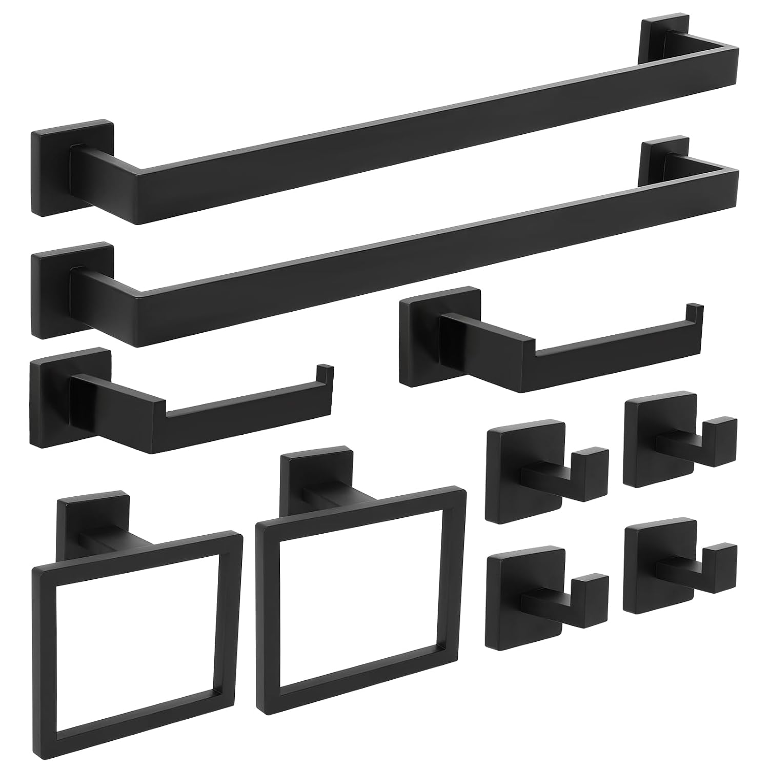 FAHKNS 10 PCS Bathroom Hardware Accessories Set 23.6 Inch Stainless Steel Bath Towel Bar Set Square Towel Ring Set for Bathroom Wall Mounted, Black