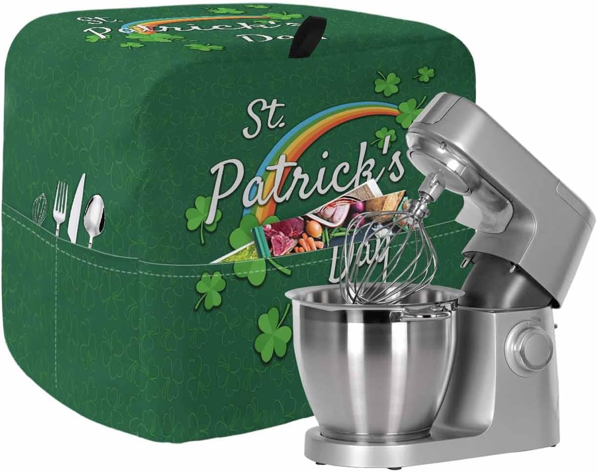 St. Patrick's Day Stand Mixer Cover with Storage Pocket, Waterproof Kitchen Mixer Covers, Spring Dark Green Shamrock Rainbow Kitchen Appliance Dust Cover Compatible with 6-9 Quart Mixers