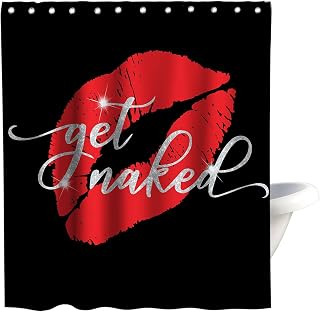 Modern Get Naked Shower Curtains Funny Funky Aesthetic Lips Cloth Fabric Bathroom Decor Sets with Hooks Waterproof Washable 72W x 78H inches Black and Red