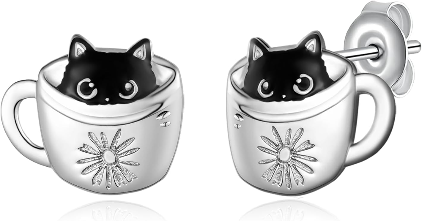 Black Cat Earrings for Women 925 Sterling Silver Cup Cat Stud Earrings Cute Pet Stud Earrings Jewelry Gift for Women