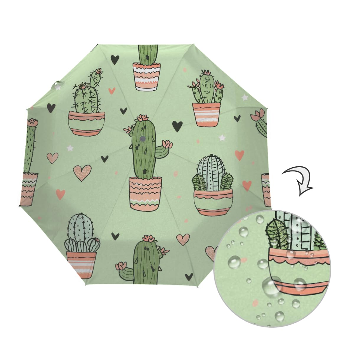 Carino Doodle Cactus Cuore Ombrello Pieghevole Ombrello Da Viaggio Compatto Antivento Impermeabile con Protezione UV Rivestimento Nero Leggero 8 Costine Portatile per Pioggia Sole