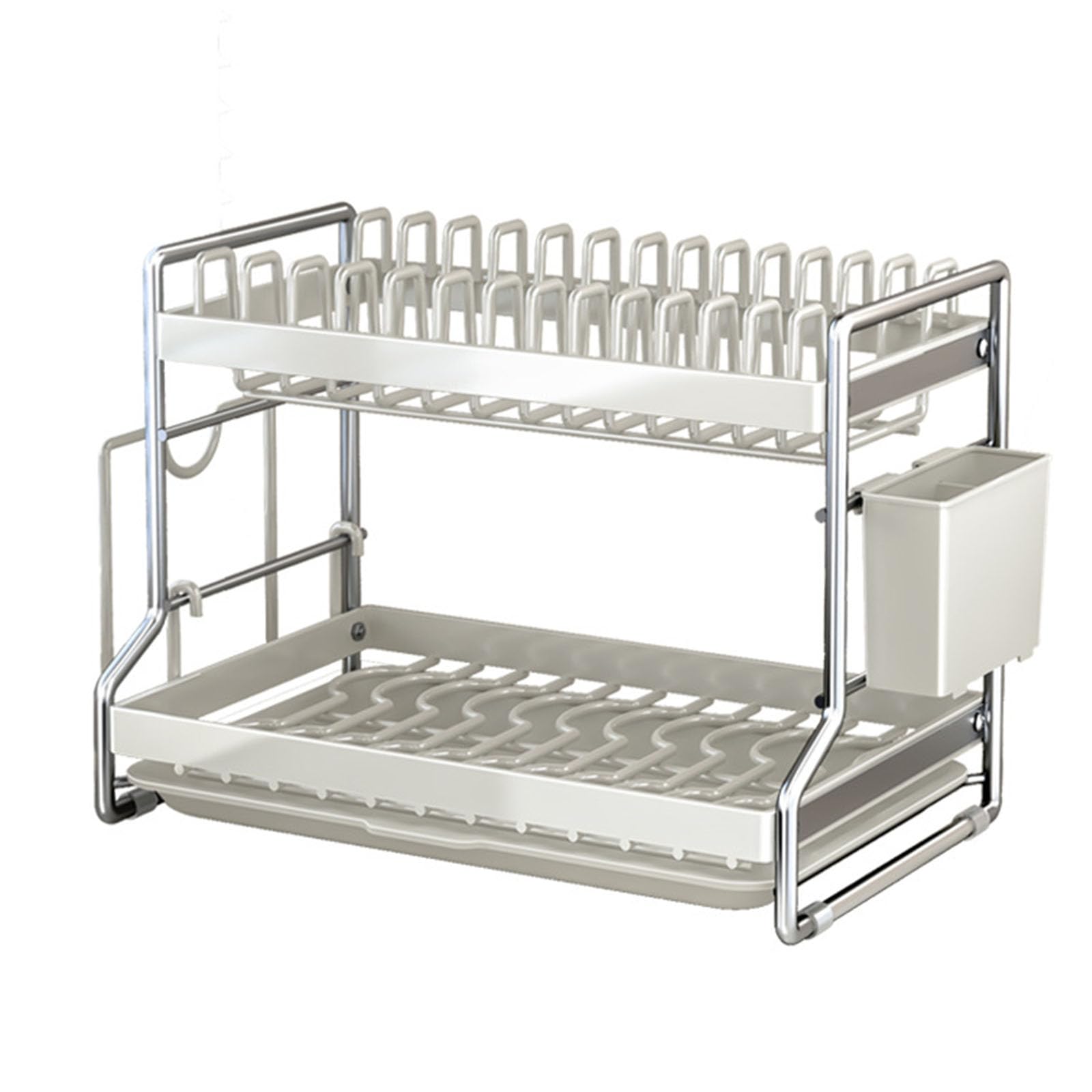 Escurridor de platos de acero inoxidable de 2 niveles con bandeja de goteo, soporte extraíble para cubiertos y cesta, organizador de almacenamiento de cocina multifuncional
