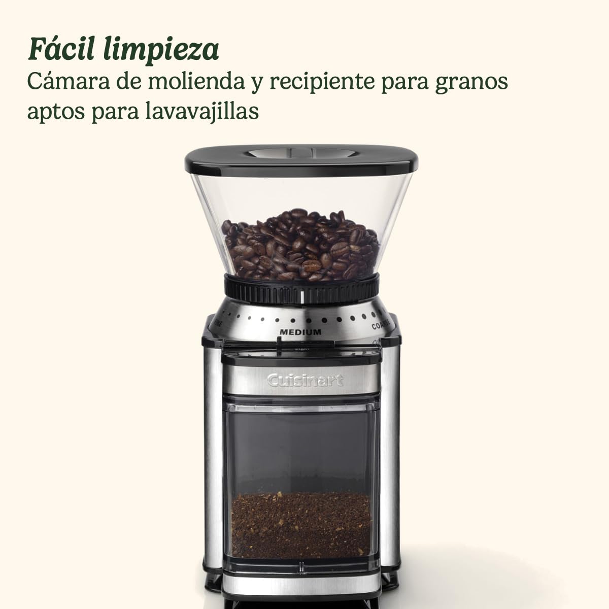 Cuisinart Molinillo de café, uso doméstico, 4-18 tazas, 8 posiciones de molido, Diferentes intensidades de infusión - espresso, cold brew, latte, cappuccino, Fresa Acero Inoxidable