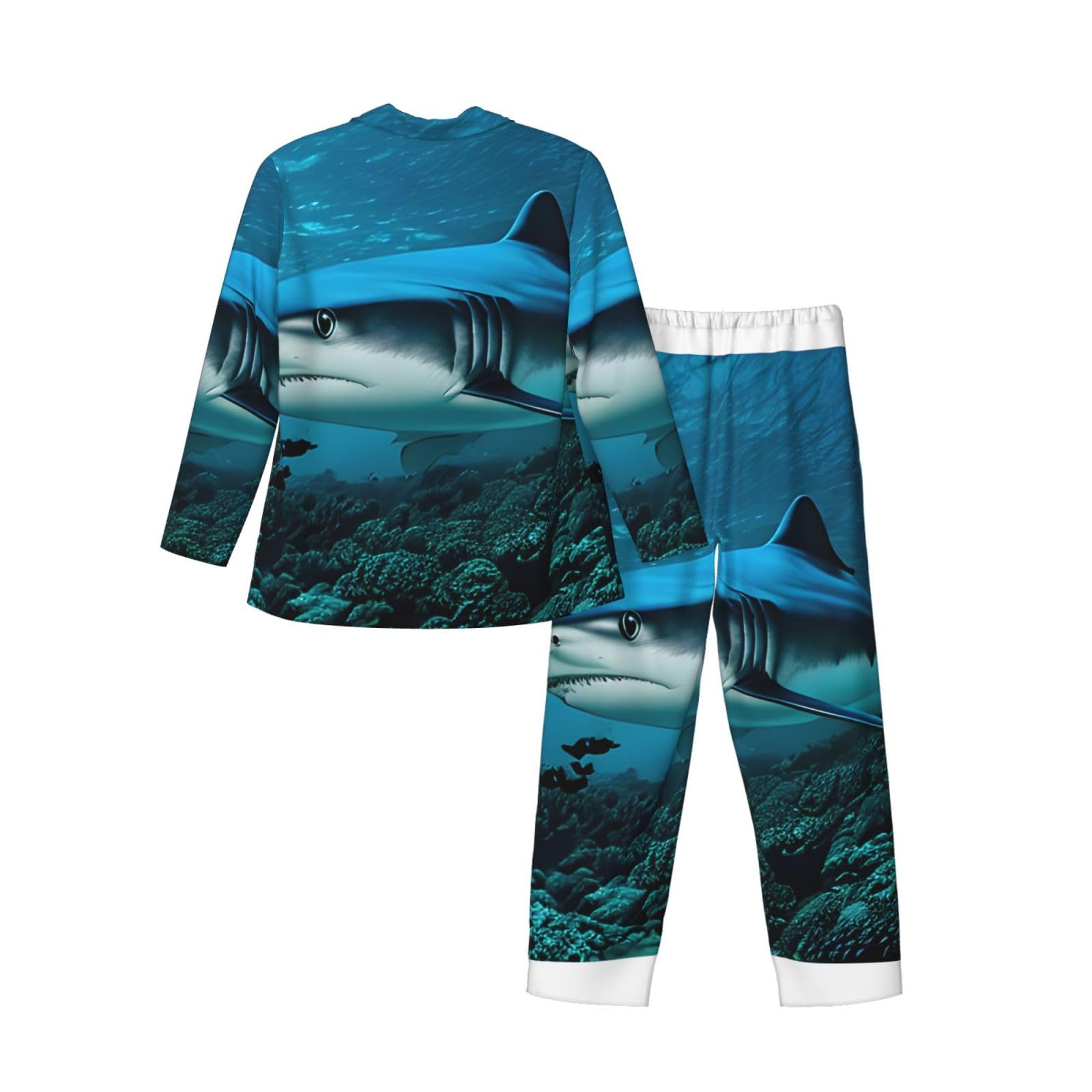Herren-Pyjama-Set, langärmelig, Hai-Aufdruck, zweiteilig, bequem, Nachtwäsche, Blau