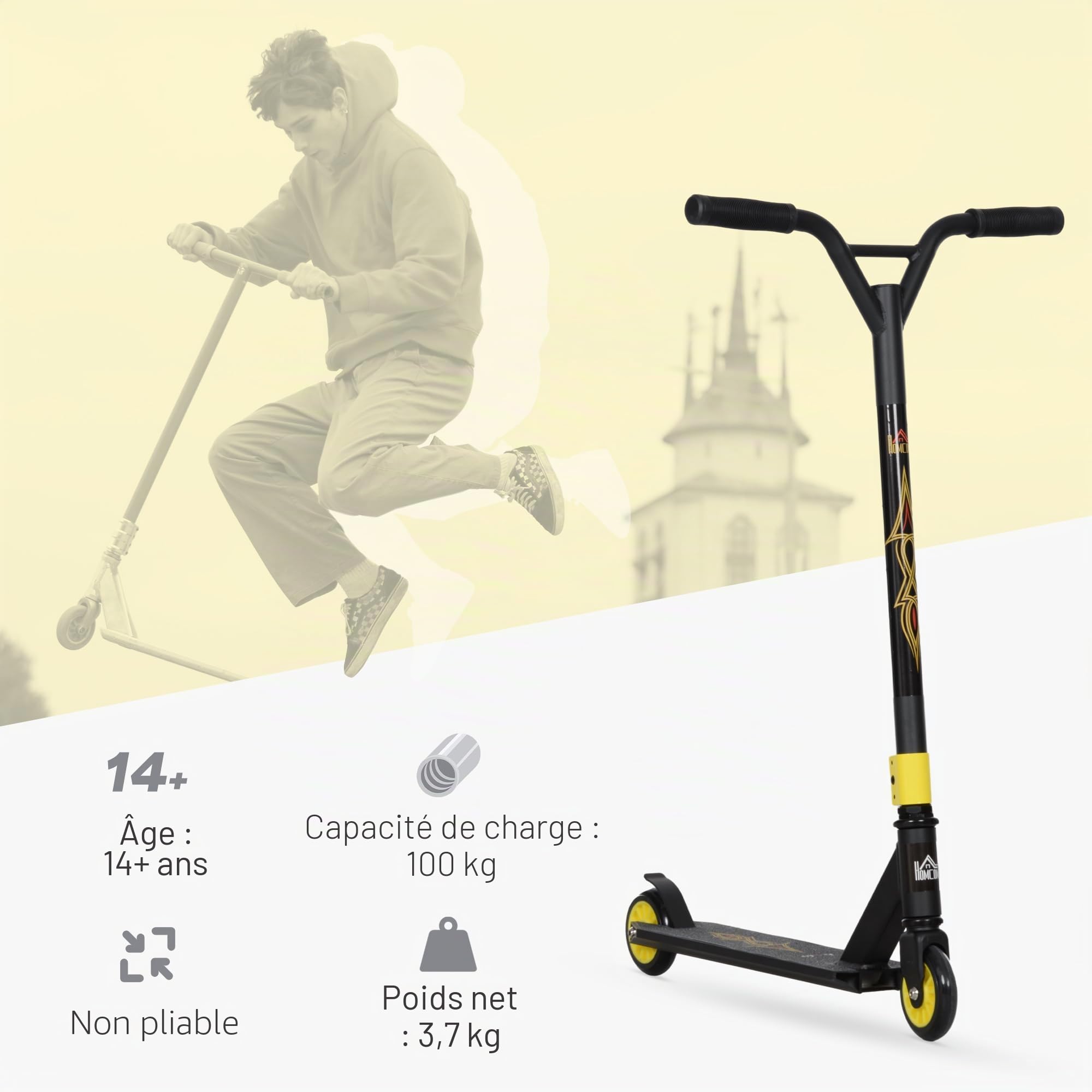 HOMCOM Stunt Scooter, Funscooter, Stuntscooter mit ABEC 9 Kugellagern, Kickscooter mit 100 mm Kunstleder Räder, Tretroller, Cityroller, Trick Roller für Kinder AB 14 Jahre