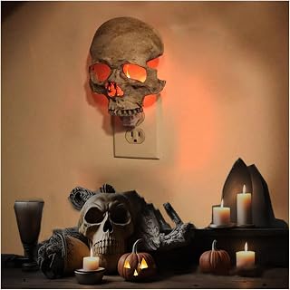 Gothic Skull Night Light - Handcrafted Resin Lamp for Halloween Decor, Oddities and Curiosities Gifts-Candles Lamp Decor Halloween Skeleton Spooky Home Room Decor (Brown)