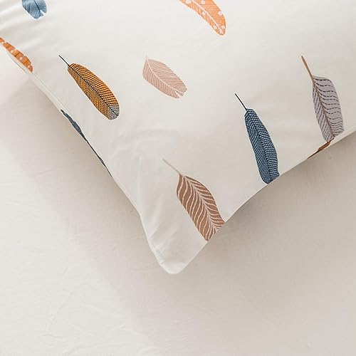 Miniatura 7 de SUSYBAO Juego de 2 fundas de almohada 100% algodón tamaño King, diseño de hojas de plumas multicolores, fundas de almohada para cama, cierre de