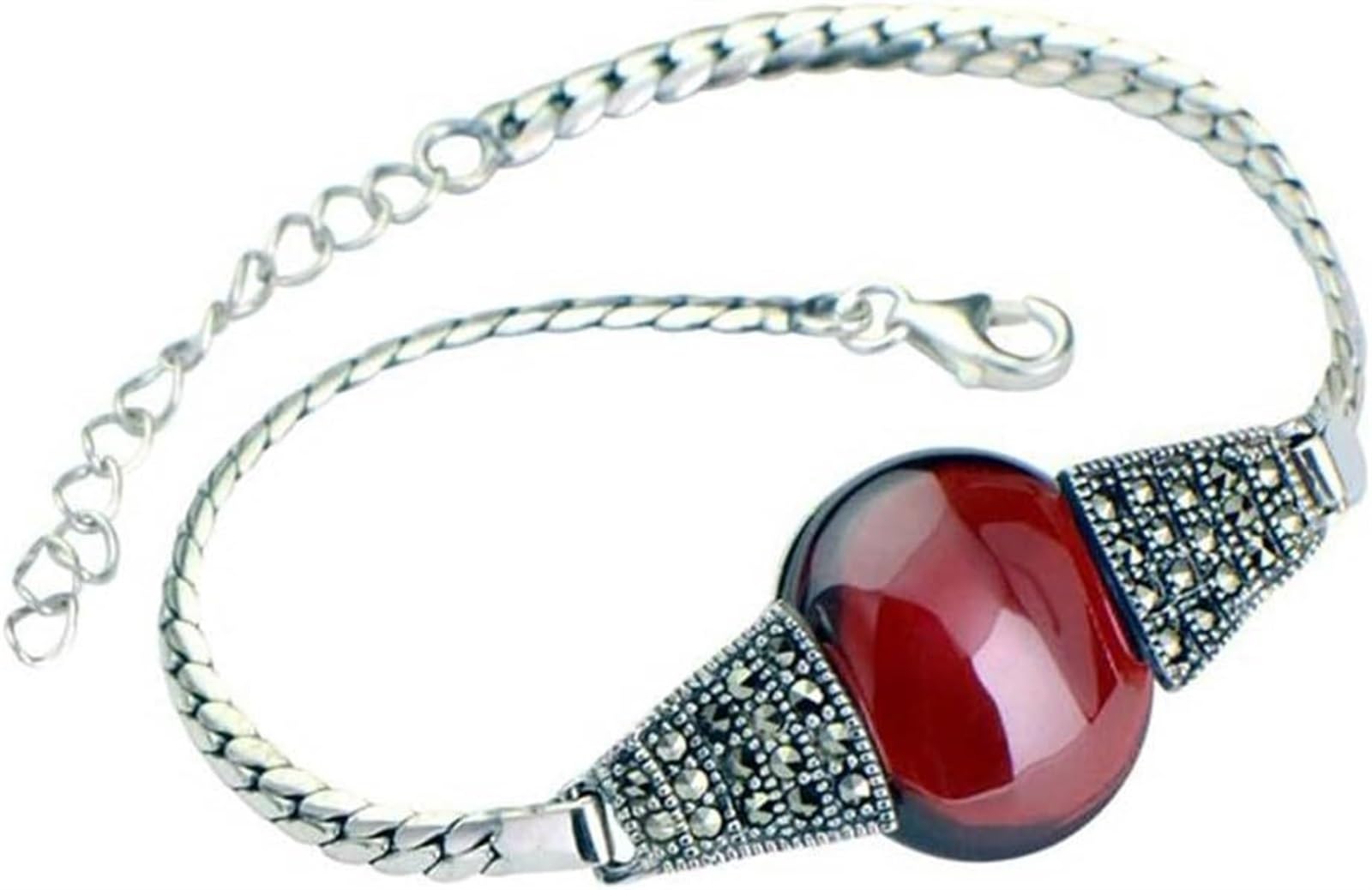 Bracciale in argento, bracciale rigido alla moda, bracciale in argento 925 con granato artificiale intarsiato in marcasite, braccialetto femminile guava confezionato in una scatola di gioielli, regala