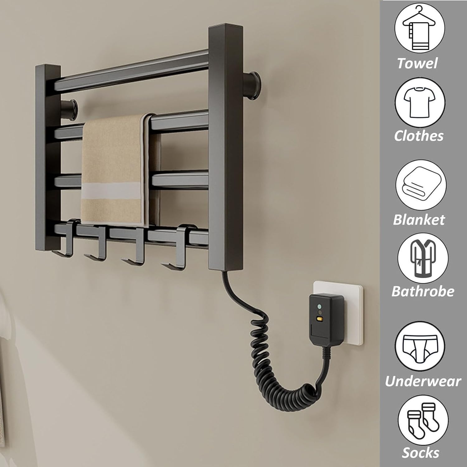Towel Dryer for Bathroom,-in Electric Heated Rack Spa Accessories Towels,Wall Mounted Tow (Black)