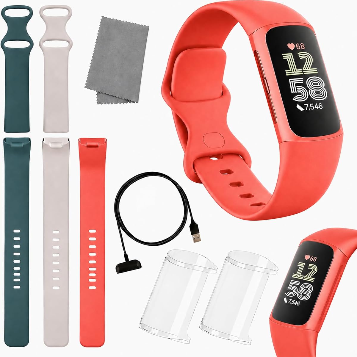 Charge 6 Fitness Tracker (paquete): frecuencia cardíaca, GPS, seguimiento del sueño y del estrés + 2 bandas de silicona + 2 protectores y paño de limpieza (coral)