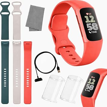 Fitbit Charge 6 Fitness Tracker Bundle Heart Rate, GPS, Sleep & Stress Tracking + 2 Silicone Bands + 2 Protection Shields & Cleaning Cloth Coral