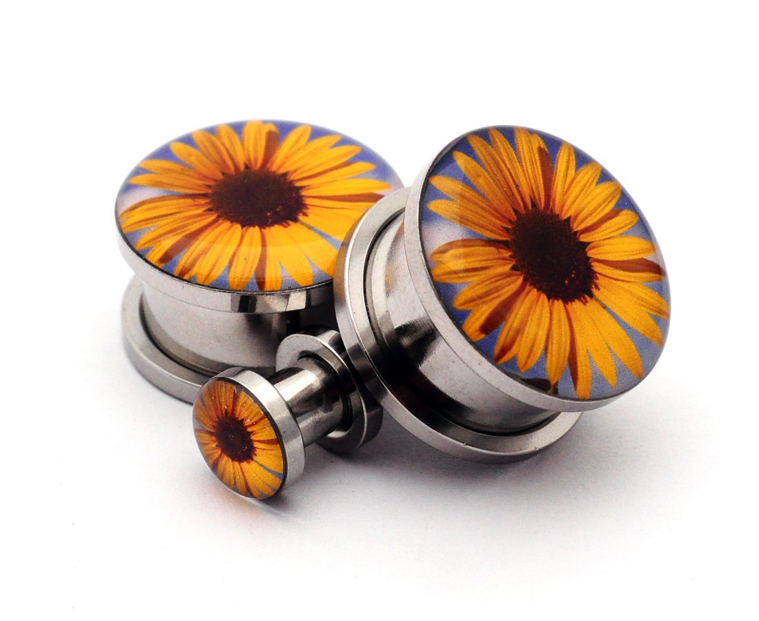 Screw on Plugs - Sunflower Picture Plugs - Sold As a Pair
