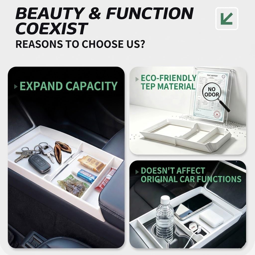 Console Storage Tray for Tesla Model Y 2025 2026 Juniper, Organizer with Integrated Glasses Holder, Dash Panel Pocket for Refresh Model Y Interior Accessories (White)