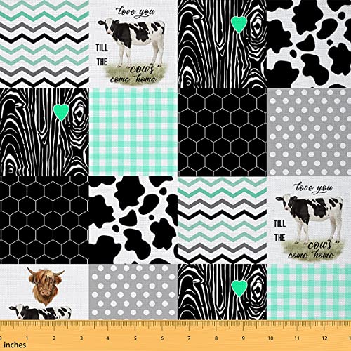 Cute Cow Print Fabric by The Yard Kawaii Highland Cow Upholstery Fabric Honeycomb Plaid Pattern Geometric Stripes Decorative Fabric Cartoon Farm Animals DIY Fabric, 2 Yards, Green Black Grey