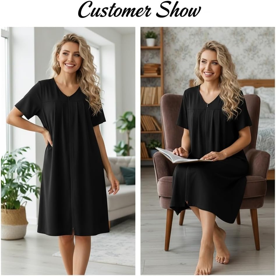 Ekouaer Zipper Robes for Women Short Knit Bathrobes Lightweight Knee Length Housecoat with Pockets Nightgown S-3XL - Image 6
