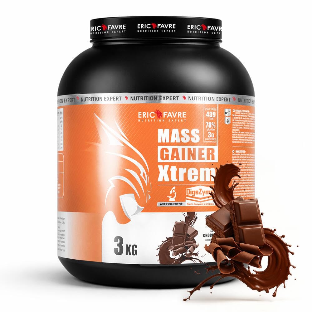 MASS GAINER XTREM avec CREATINE - Gainer Prise de Masse - 433 kcal, 94g Glucides, 3g Créatine, Whey + Digezyme - 3kg - Saveur Chocolat - Eric Favre