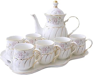 Tea Set Gold Trim Glazed Porcelain Coffee And Tea Service With 6 Piece Cups And Tray 8 Pieces Afternoon Tea Drinkware Coffee Set Cup And Saucer Sets