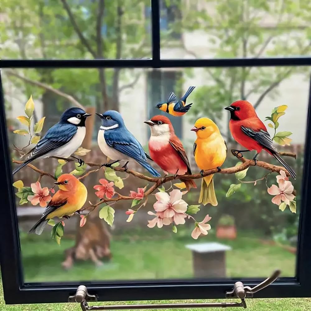 30.3 x 15.5 in Colorful Birds on Floral Branch Window Sticker - Self-Adhesive Static Cling Decal for Glass Door, Sliding Door, Window - No Glue, Removable Home Decor
