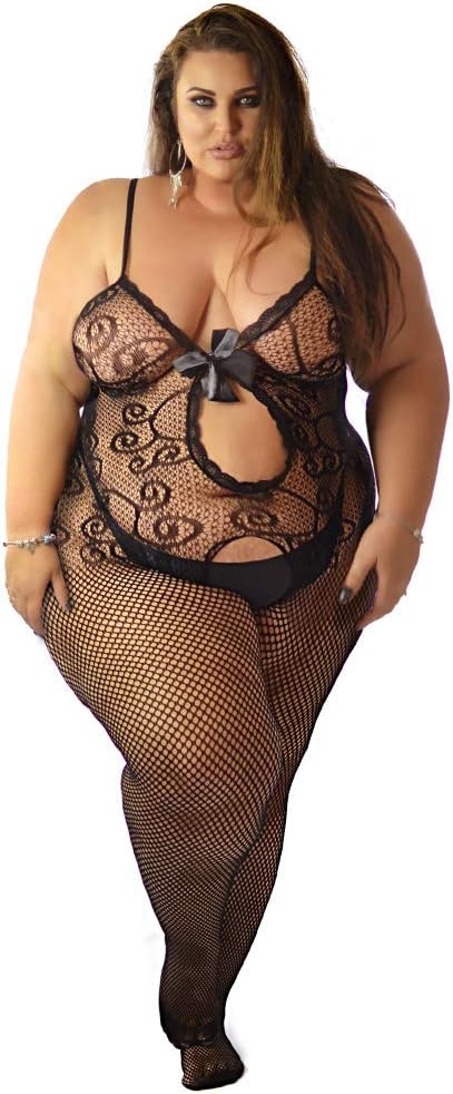 Lace Trimmed Bodystocking Bodysuit Ribbon Bow Peekaboo Plus Size