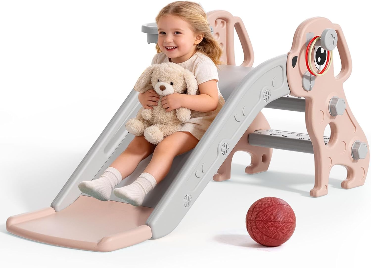 BIERUM Toddler Slide, 4 in 1 Kids Slide for Indoor Outdoor, Slide with Basketball Hoop & Ring Toss, Puppy Shaped Playset for Toddlers Age 1-3, Pink Gray