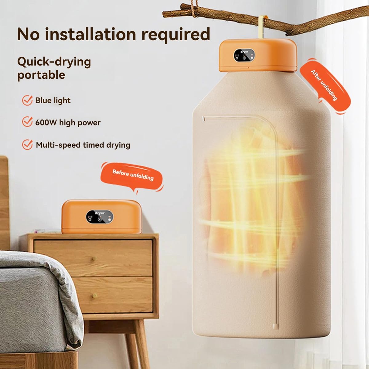 Secadora de Ropa Eléctrica con Bolsa Plegable de 600 W, Pequeña, Portátil, Ideal para el Hogar, Apartamento, Caravana, Dormitorio.