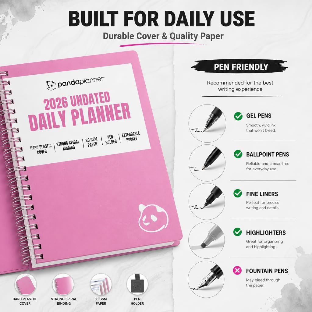 Panda Planner A5 Undated Daily Spiral Notebook 2026-2027, 5.75 x 8.25 Pink image 5
