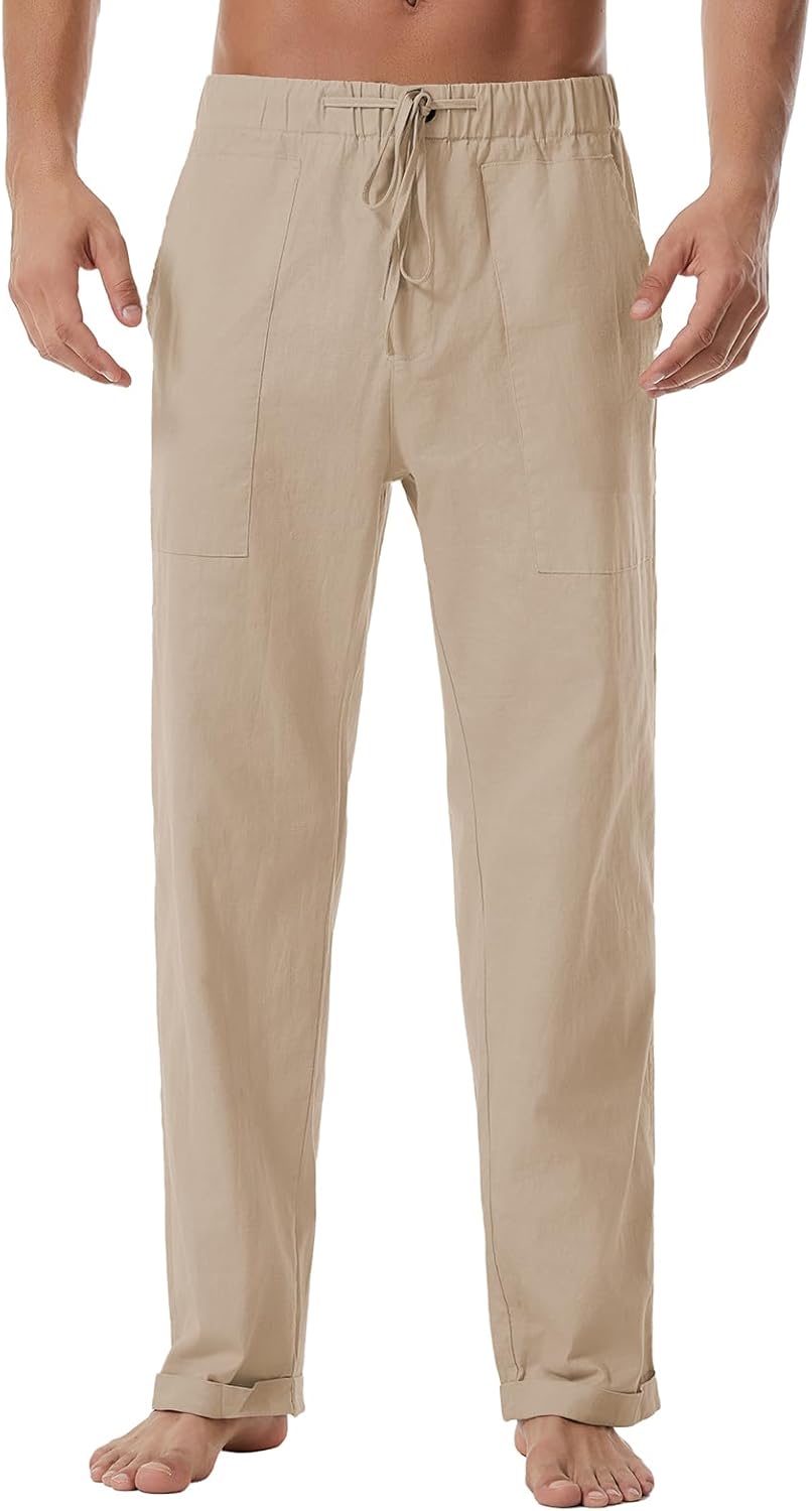 Mens Linen Pants Loose Fit Elastic Waist Drawstring Casual Summer Beach Pants with Pockets Trousers for Men - Image 3