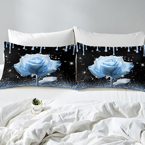 Miniatura 4 de Manfei Juego de funda de edredón de rosa azul 3D, tamaño matrimonial, funda de edredón brillante con purpurina azul con 2 fundas de almohada, juego