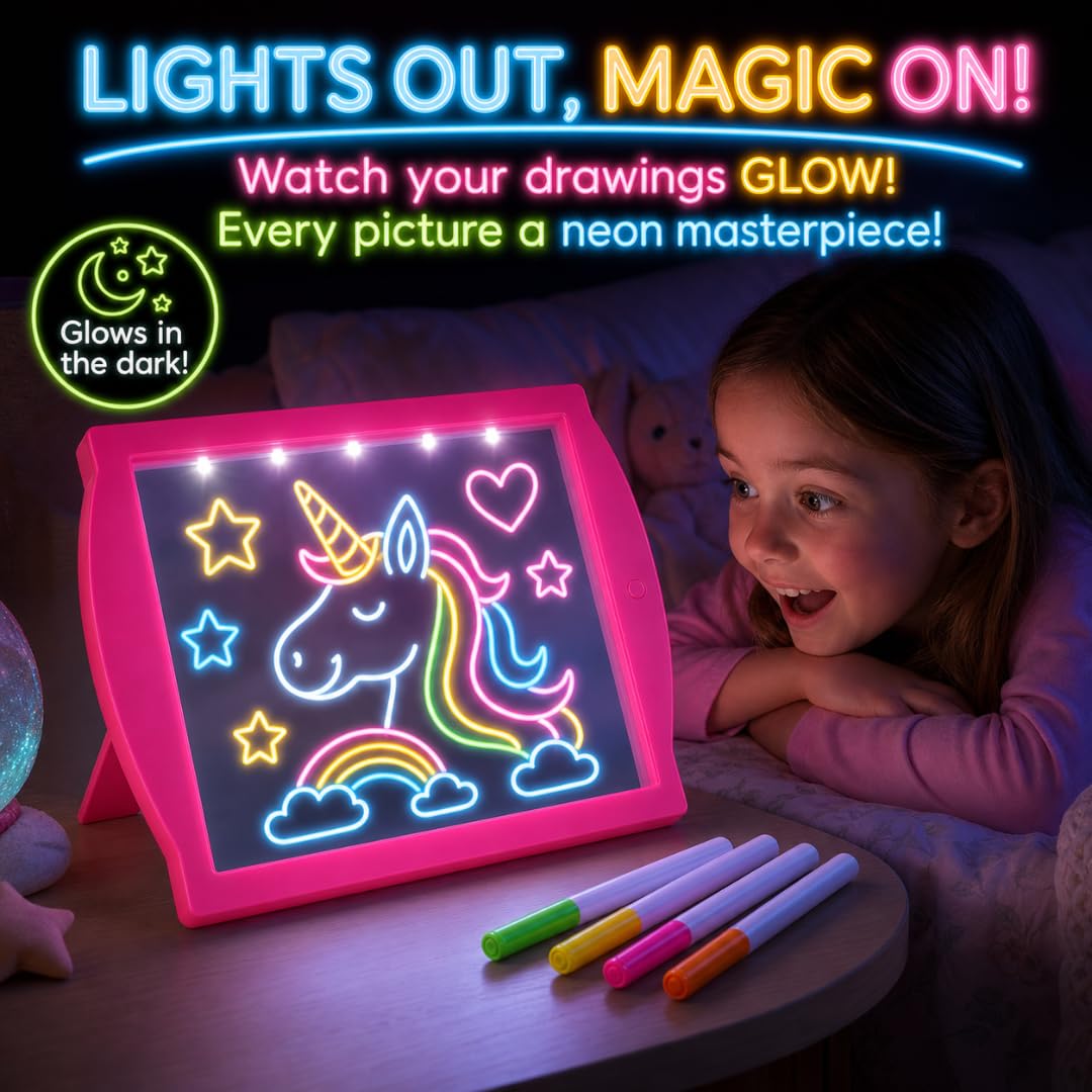 Marvin's Magic Niesamowity świecący tablet do rysowania dla dzieci - zestaw artystyczny dla dzieci - zawiera tablicę kreślarską z efektem neonu z wbudowanym stojakiem i 4 fluorescencyjnymi magicznymi