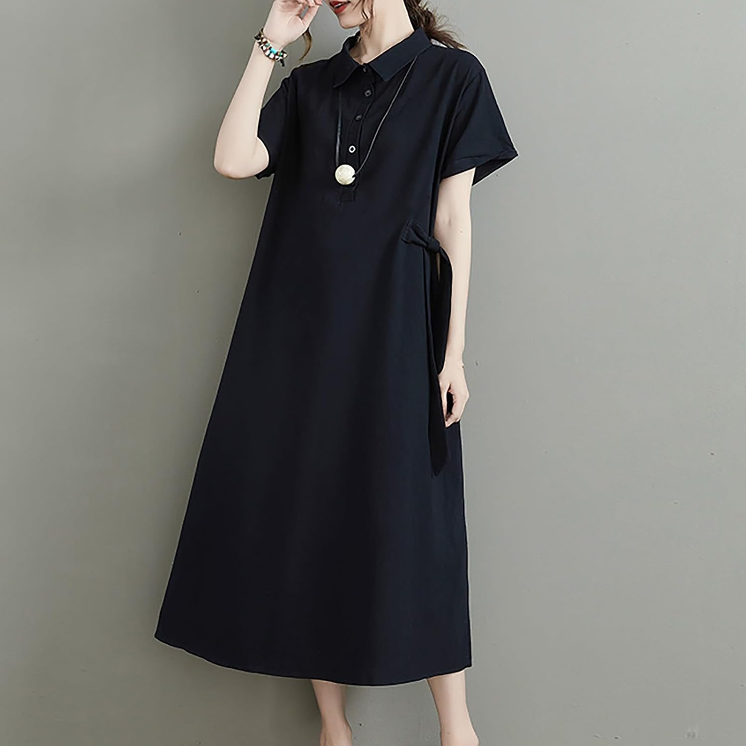 Black Church Dresses for Women 2025 Cotton Linen Button Down Loose Long Dress V-Neck Beach Flowy Sundress