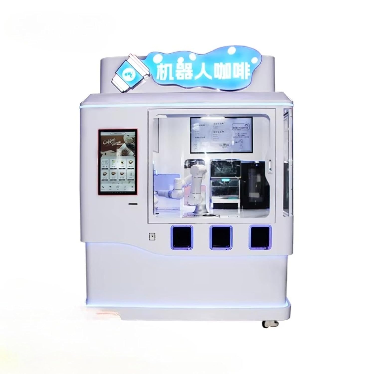 Freshly Ground Coffee Robot Vending Machine Intelligent Mobile Coffee Maker with Customizable Recipes and Modern Industrial Design to