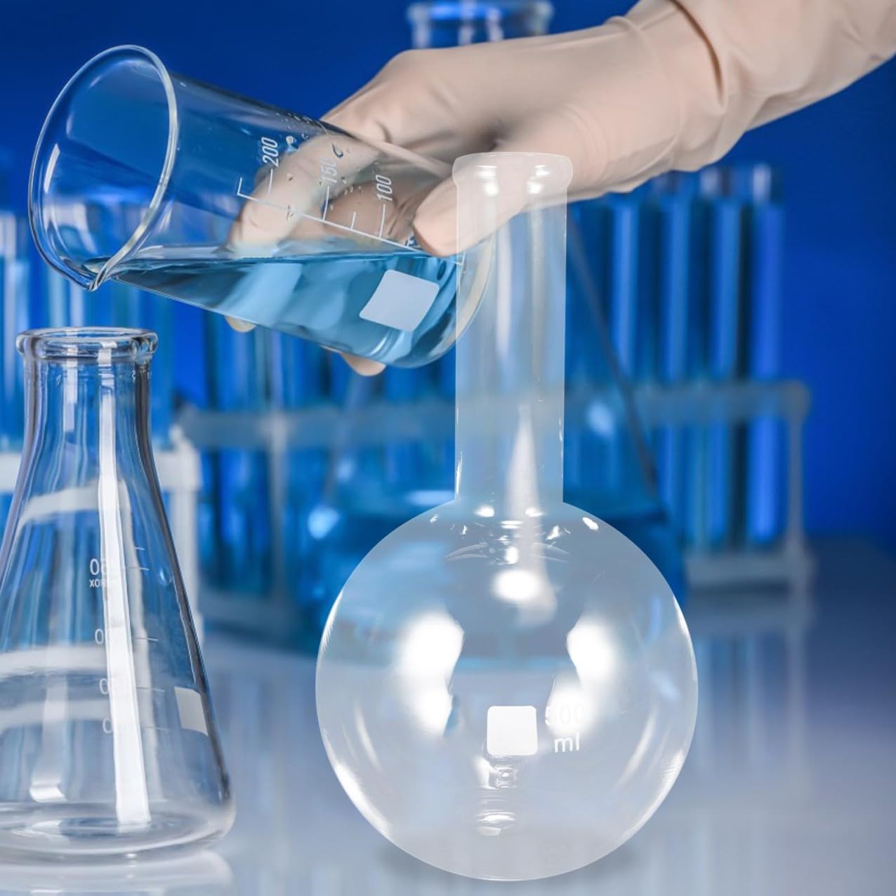 SEWACC Long Neck Clear Glass Flask for Laboratory Use Heat-Resistant Scientific Jar with Flat Bottom Borosilicate Container for Distillation Mixing and Chemical Experiments