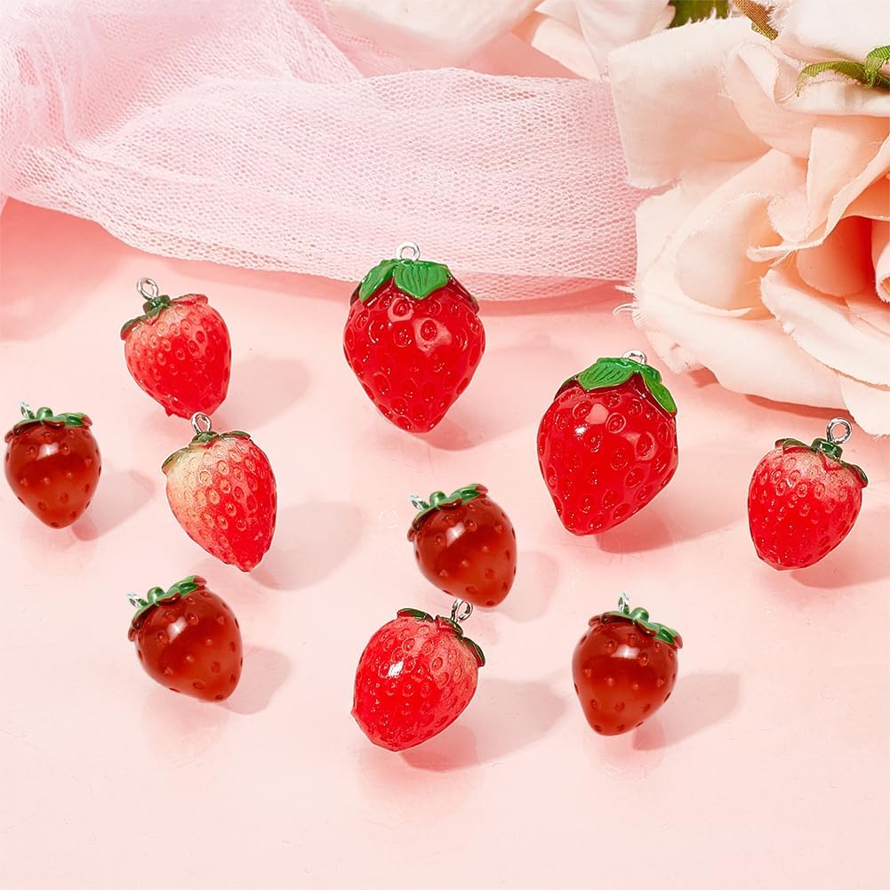 SUNNYCLUE 24Pcs 3 Style Strawberry Resin Pendants Charms Fruit Resin Charms Large 3D Strawberry Pendants Ornament with Iron Loop for Earring Bracelet Necklace DIY Making Accessories - Image 4