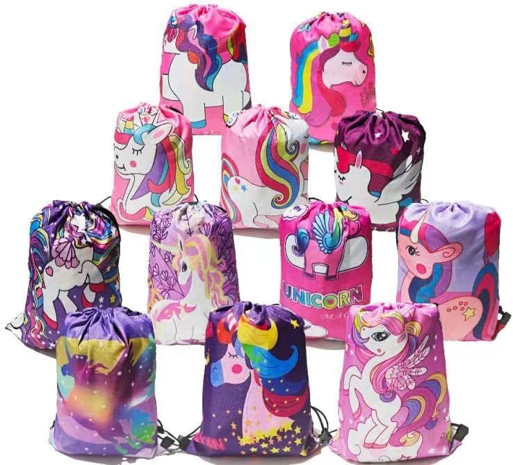 BOBBYQ 12 Pack Unicorn Party Bags Supplies Favor Unicrn Drawstring Bags For Kidâ€™s Birthday Goodie Bags For Gifts Candy And Snacksï¼ŒReusable Colored Candy Bag
