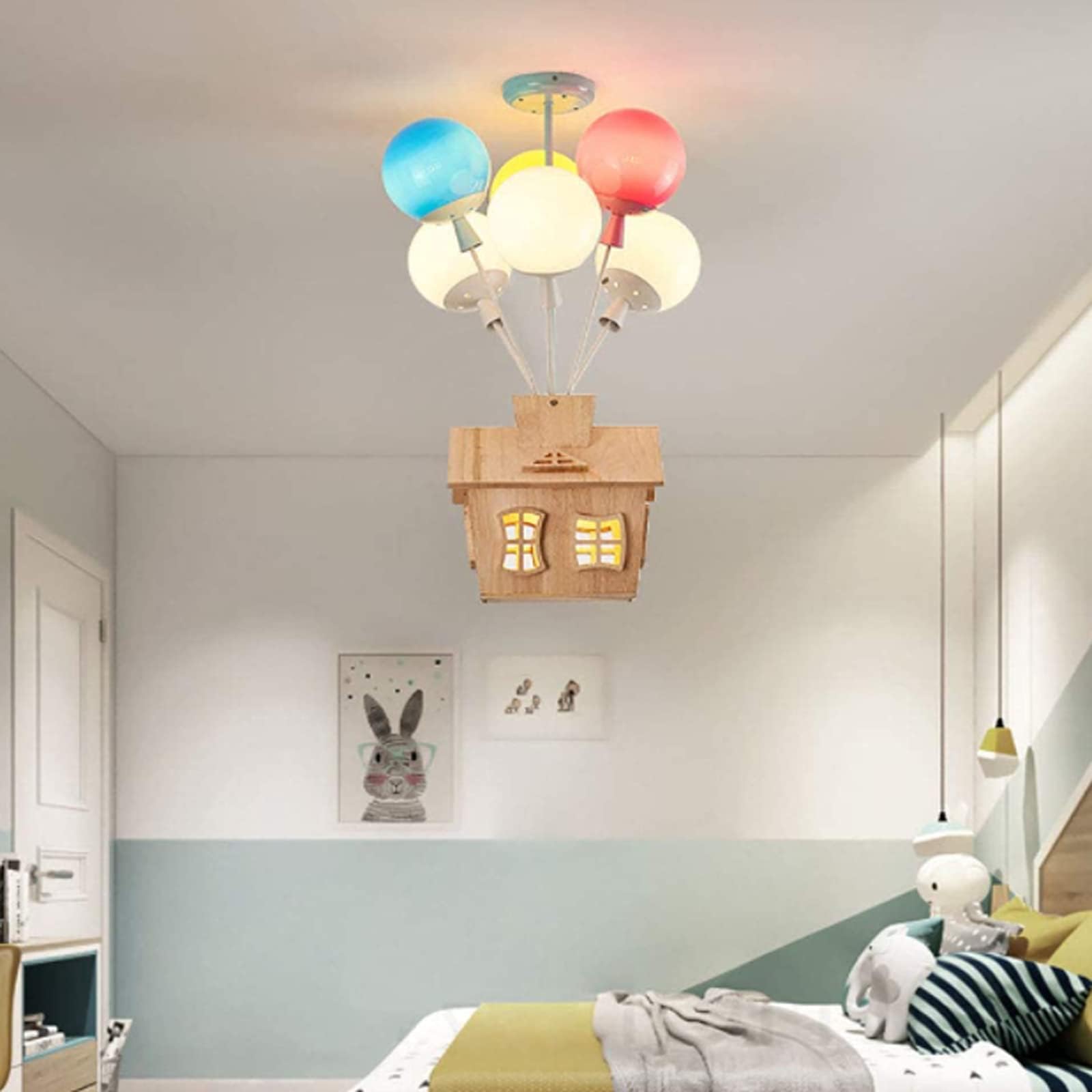 Children's Lights, Ceiling Balloon Lights, Wooden House Ceiling Lights, Modern Chandelier, E27 Hanger, Bedroom, Guest Room, Kindergarten, Children's Room Chandelier(Size:6 balls)