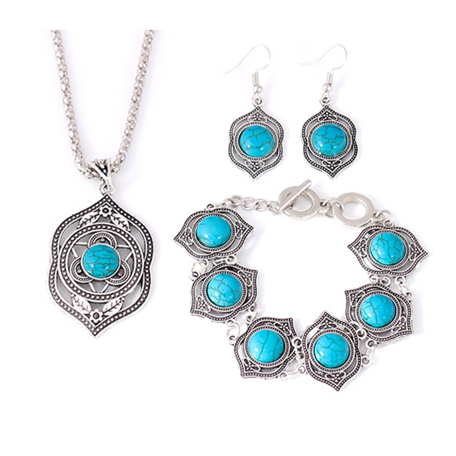 Set Gioielli Etnici Argento 925 Placcato – Ciondolo, Collana E Orecchini Con Turchese Rosso