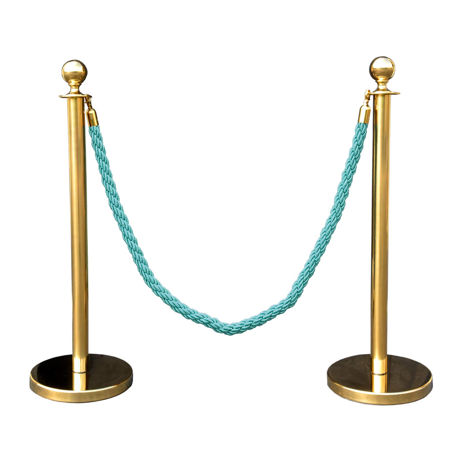 Gold Crown Top Decorative Rope Safety Queue Stanchion Barrier in 3 pcs Set, VIP Crowd Control (72" Aqua Blue Braided)