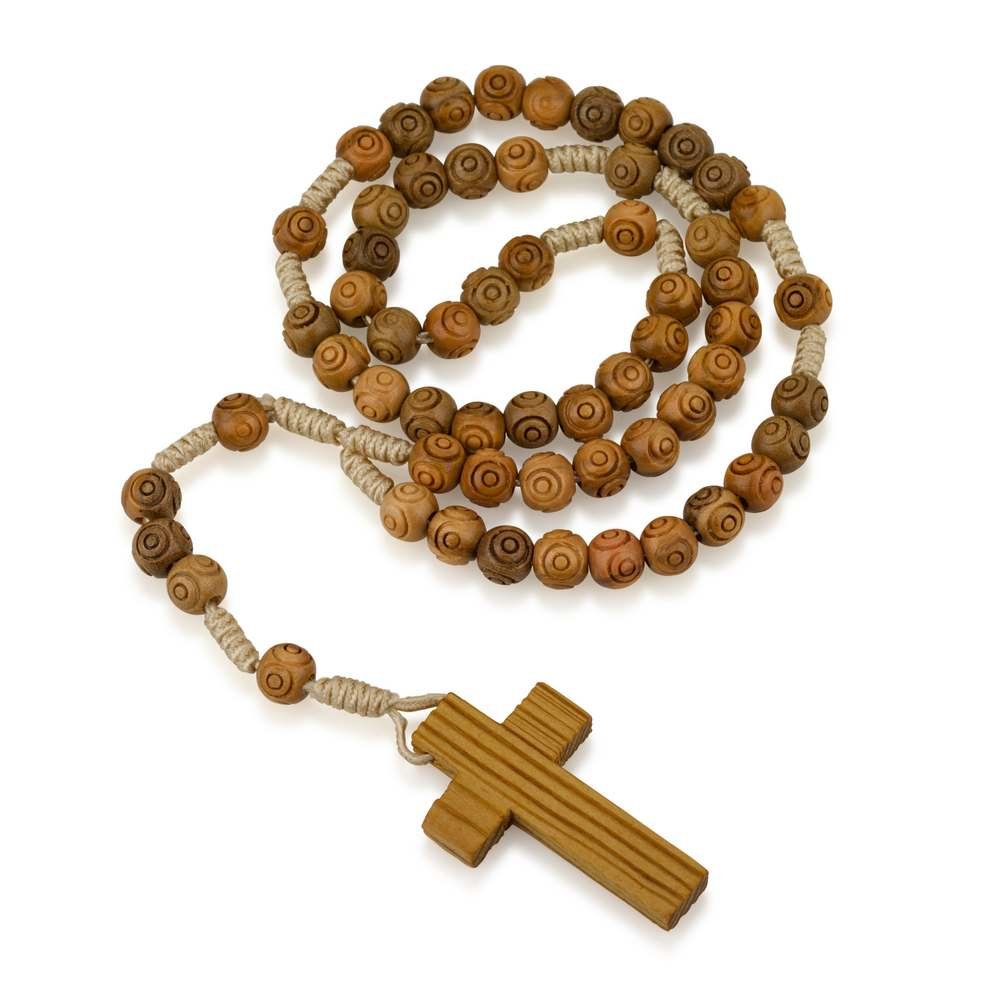 Buy Genuine Olive wood engraved round bead and cord praying Rosary 13.5