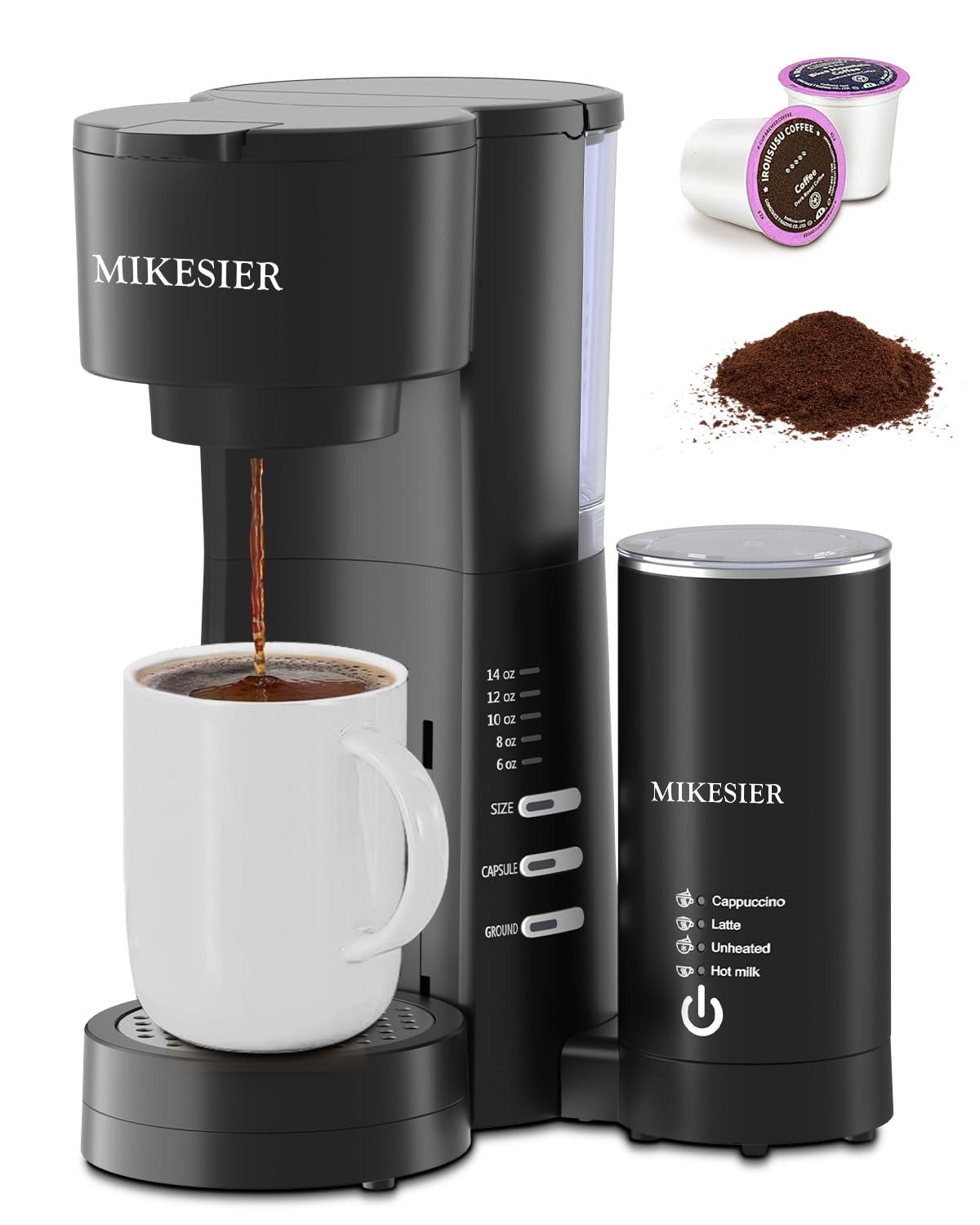 3IN1 Single Serve Coffee Maker with Milk Frother Small Coffee Machine for K Cup Ground 6-14oz Brew Size