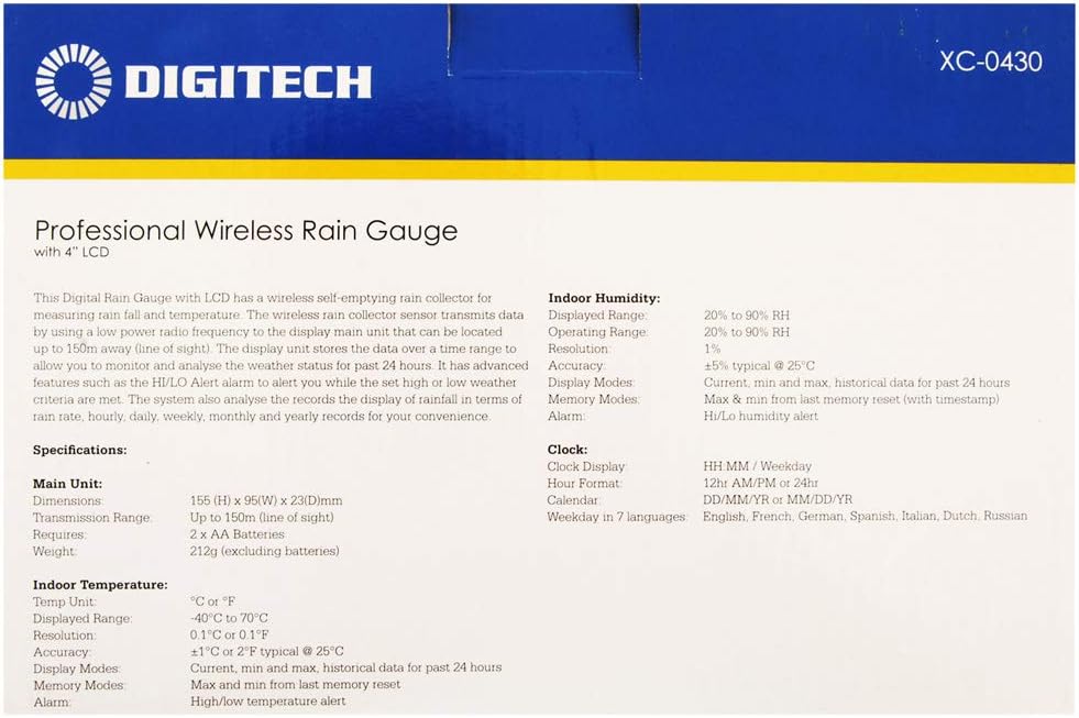 Detailed specifications of the DigiTech Professional Wireless Rain Gauge from the product box