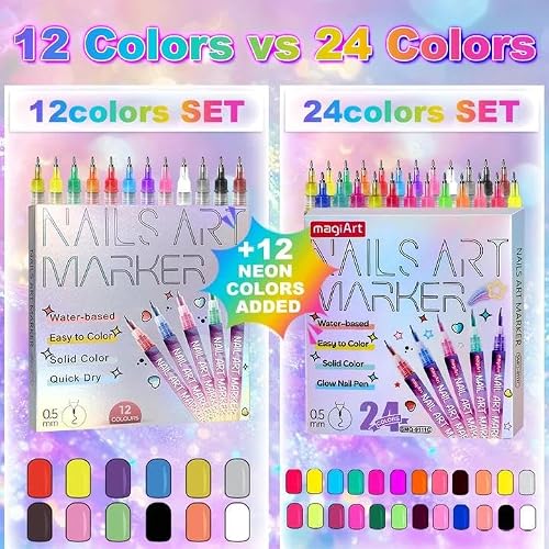 MKNZOME 24 Color Nail Art Pens, Classic & Neon Nail Markers Set 0.5 MM Fine Tip Nail Polish Pens Drawing Painting Point Liner Painted Pen Kit, Waterproof DIY Nails Art Design Manicure Tools