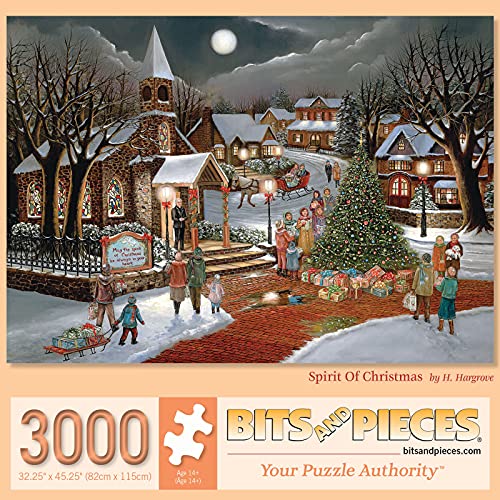 Bits and Pieces - 3000 Piece Jigsaw Puzzle for Adults 32-1/2' x 45-1/4' – Spirit of Christmas - 3000 pc Holiday Snow Chapel Christmas Tree Town Jigsaw by Artist H. Hargrove