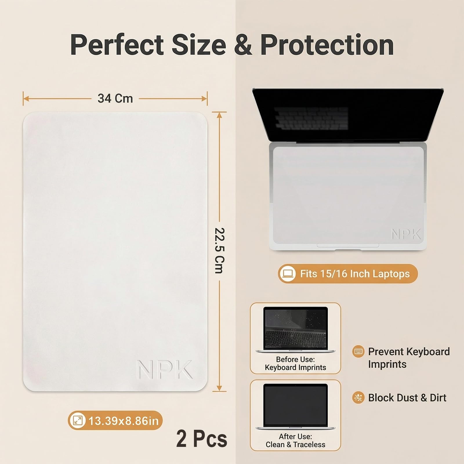 Protection Clavier Et Écran pour Ordinateur Portable – Kit 2 Pièces avec Chiffon Microfibre (34 X 22,5 Cm), Compatible avec Ordinateurs Portables 15–16 Pouces, Smartphones, Tablettes Et TV Connectées