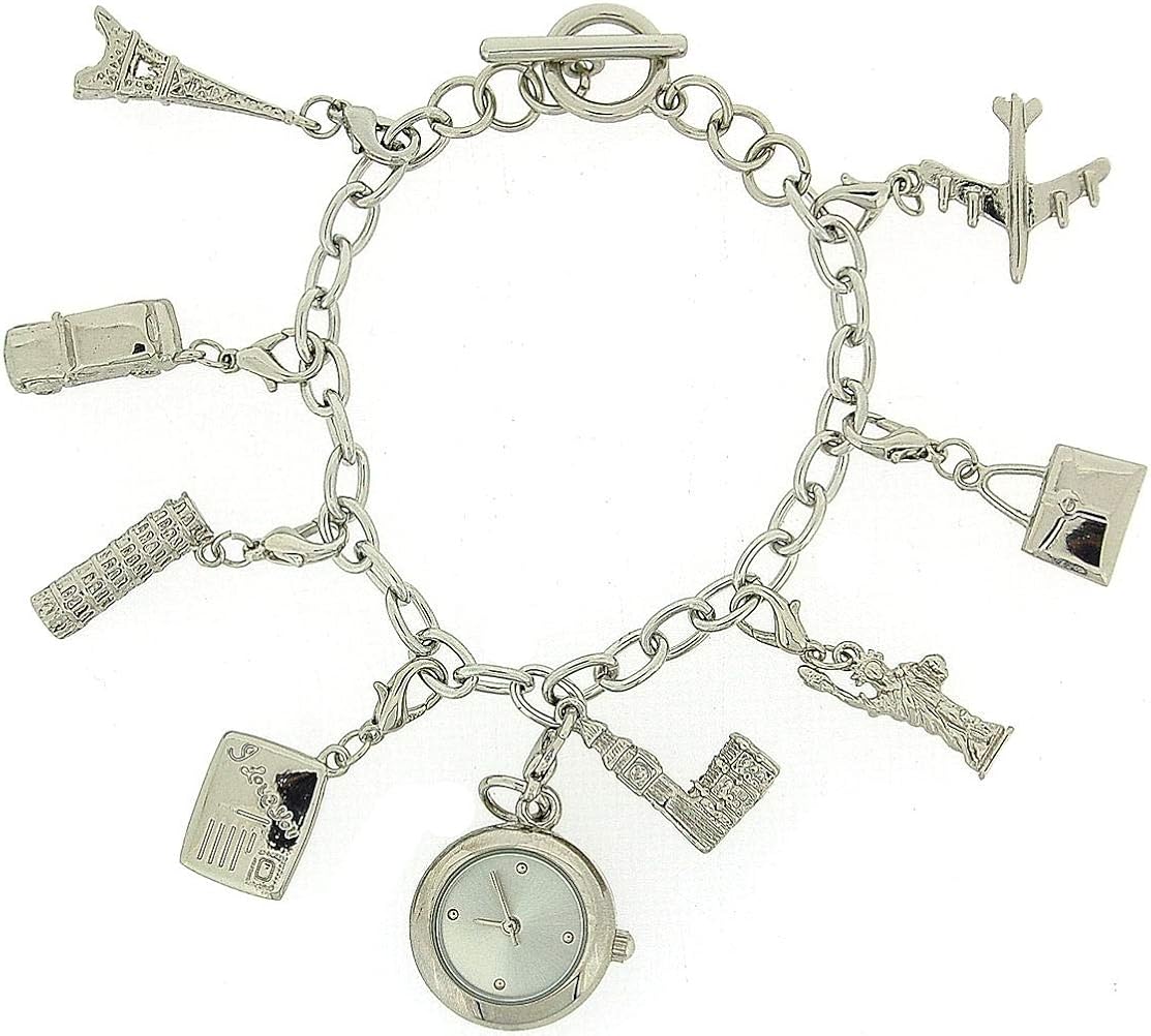 Amazon Com Charmed Ladies Analogue T Bar Bracelet Charm Watch 8 Hanging Charms Gift Set Clothing Shoes Jewelry