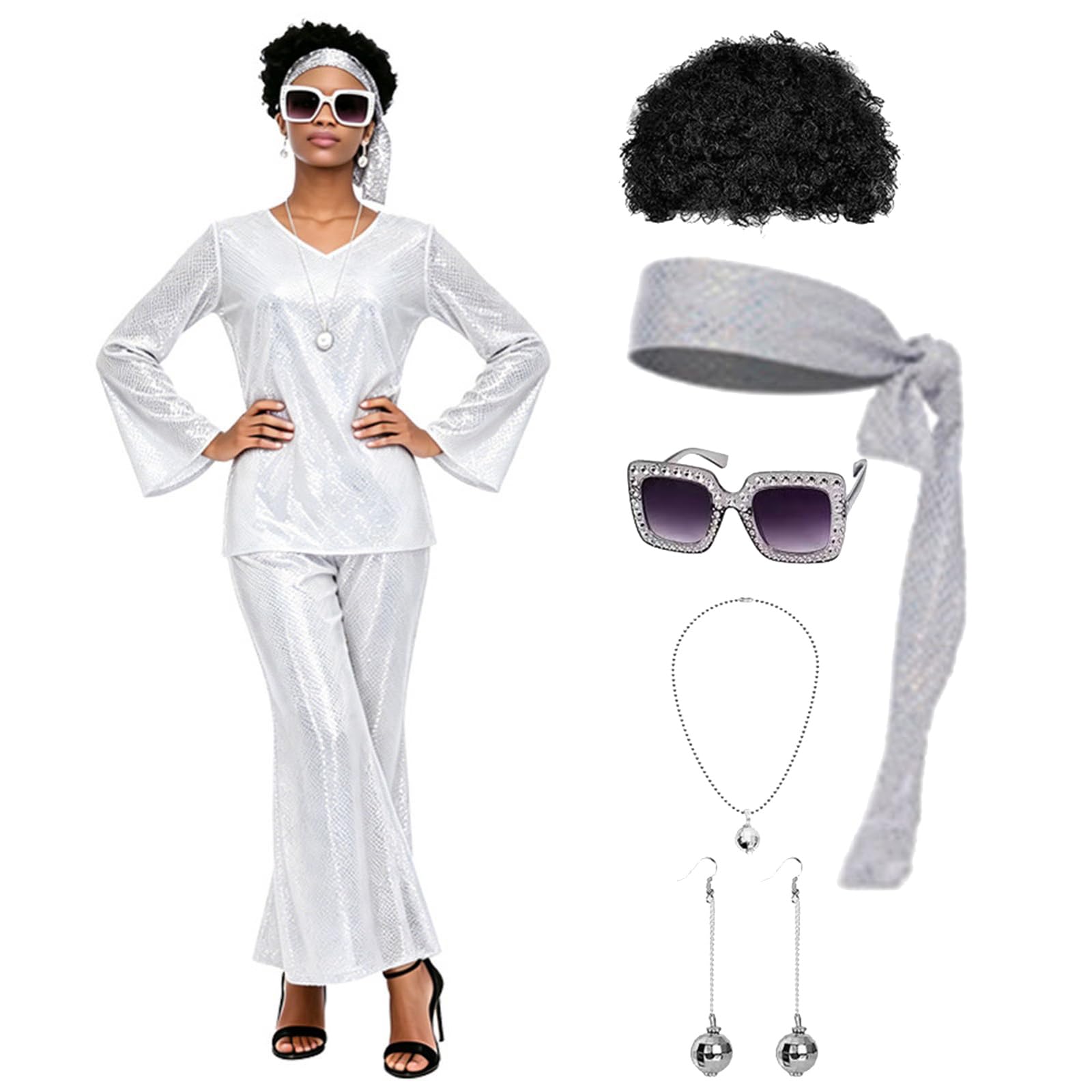 Disco Kostüm Damen 60er 70er Jahre Outfit Disco Outfit mit Perücke Halskette Armband Ohrringe Stirnband Pailletten Outfits für Halloween Faschingskostüme Themenparty S-3XL