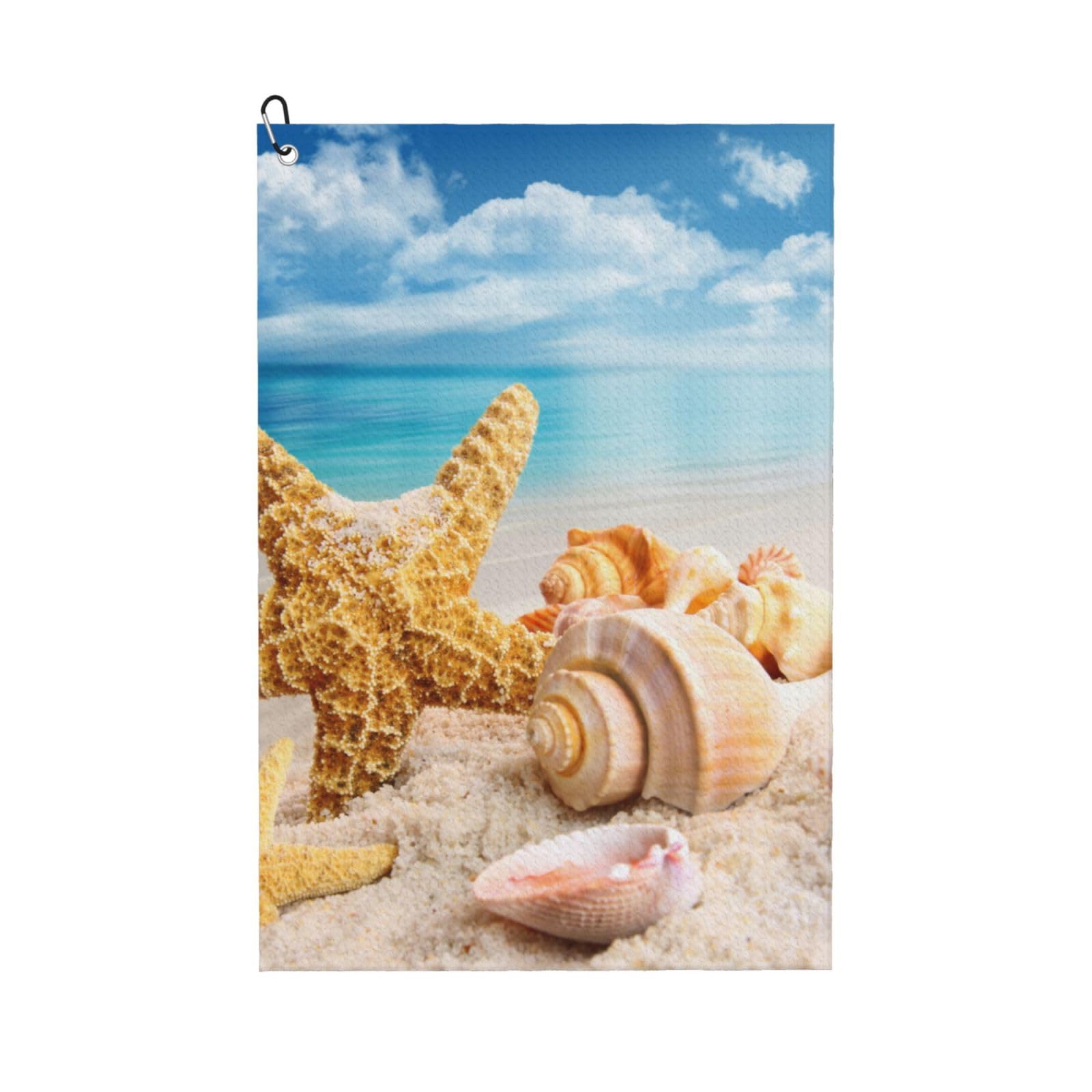Hnnkloy Starfish And Seashells On Beach, 16x24 in Portable Waffle Golf Towels with Carabiner Clip for Golf Bag