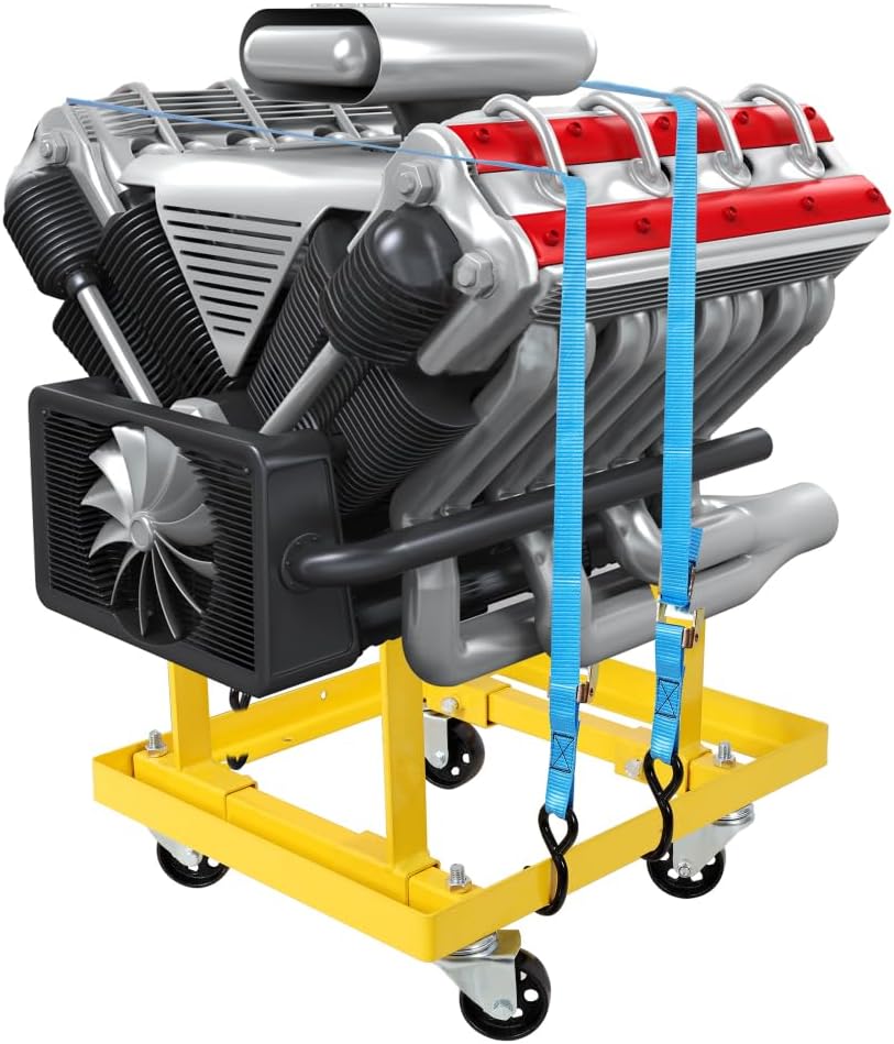 Rolling Engine Stand with Straps for Vehicle Maintenance, 750 lbs Capacity Adjustable Width and Length Engine Cradle, Yellow Steel Frame with Casters, Professional Design