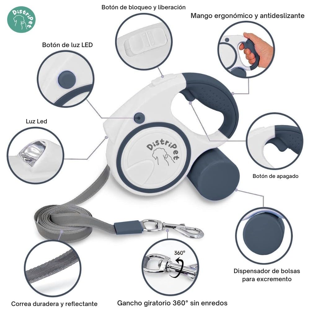 Guinzaglio per cani estensibile, cinghia retrattile e arrotolabile 5 m per cani di piccola e media taglia. Include dispenser di sacchetti e luce LED con 3 batterie. Peso massimo consigliato