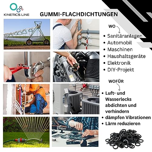 KINETICS LINE 500 Stück EPDM Gummi Flachdichtungen (Dichtungbox mit 5 Größen von 3/8 bis 3/4) für Sanitär, Klima, Lüftung, Rohrleitungs und Garten (von -40°C bis 110°C)
